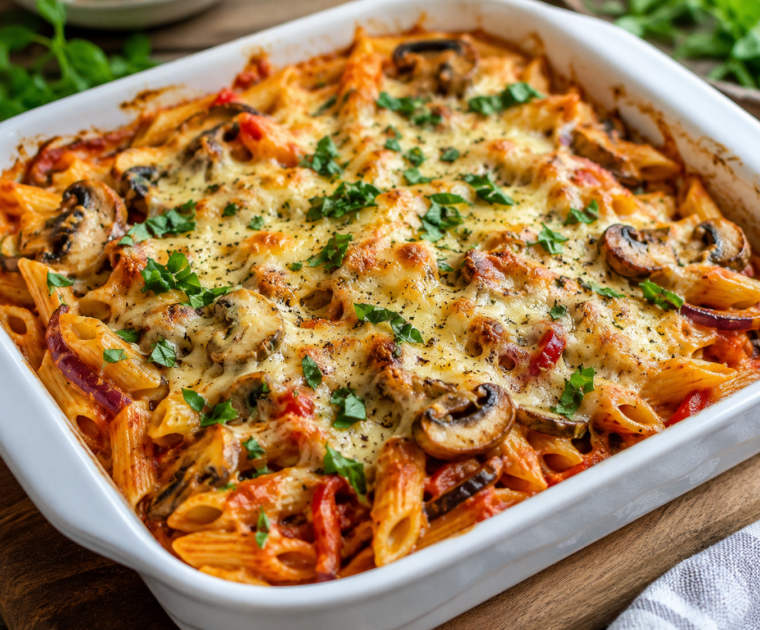 Mushroom Pasta Bake topped with melted cheese