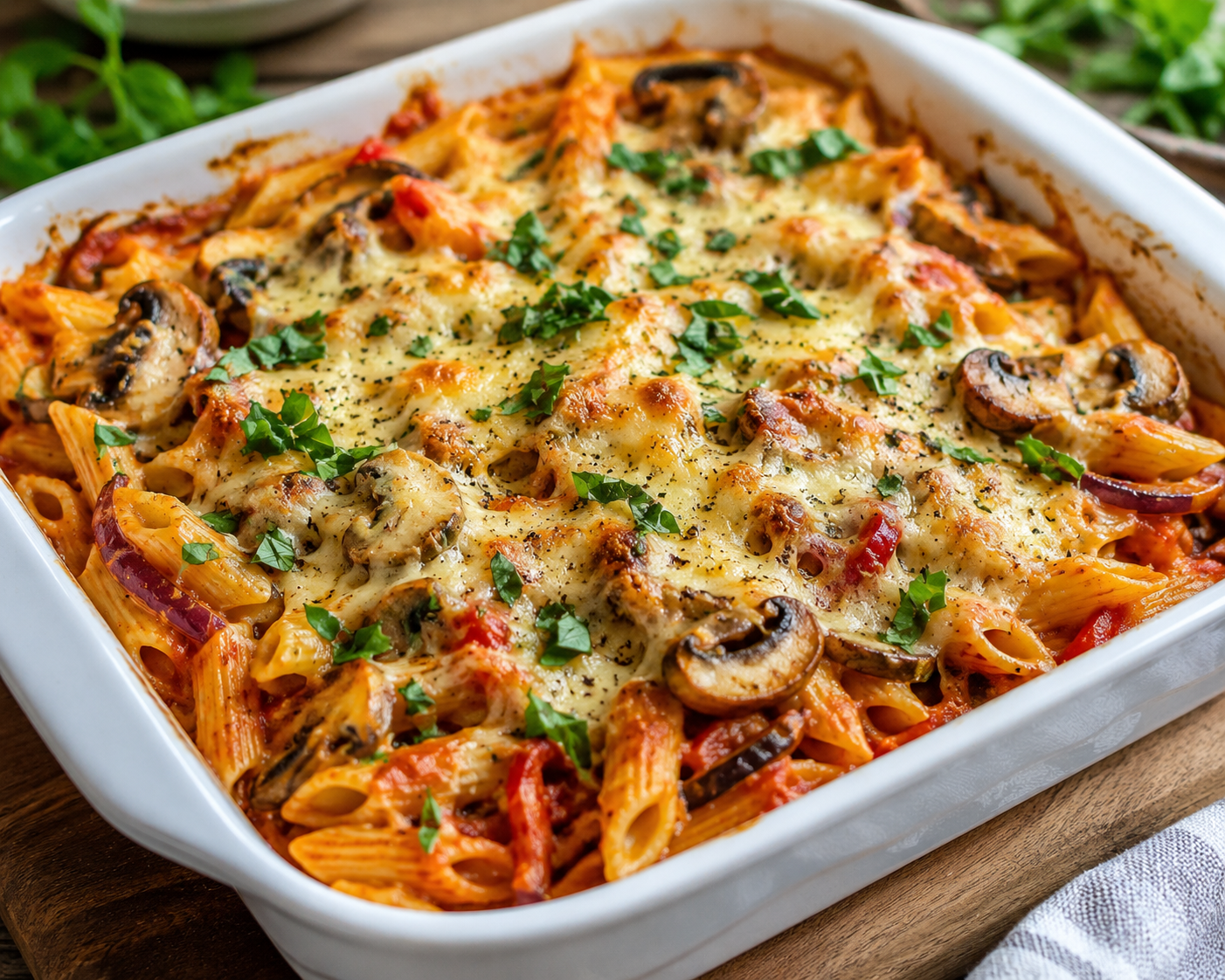 Mushroom Pasta Bake topped with melted cheese