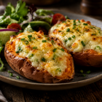 Cheesy Sweet Potato Jackets are sweet potatoes, baked in their jackets, smothered in a melted mix of cottage cheese, mature Cheddar cheese, chives, spring onions and mayonnaise.
