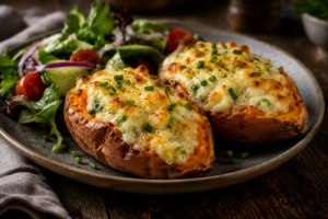 Cheesy Sweet Potato Jackets are sweet potatoes, baked in their jackets, smothered in a melted mix of cottage cheese, mature Cheddar cheese, chives, spring onions and mayonnaise.