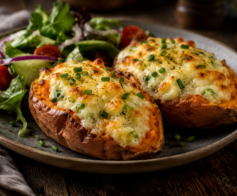 Cheesy Sweet Potato Jackets are sweet potatoes, baked in their jackets, smothered in a melted mix of cottage cheese, mature Cheddar cheese, chives, spring onions and mayonnaise.
